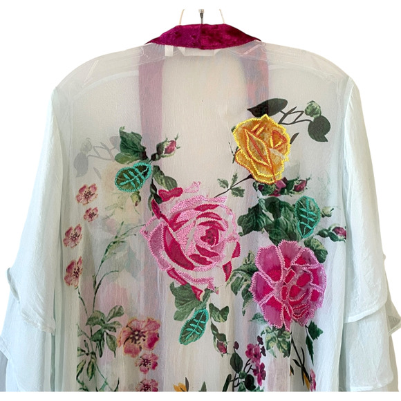 SOFT SURROUNDINGS Size Large Sheer Green Pink Floral Embroidered Open Duster - Picture 6 of 9
